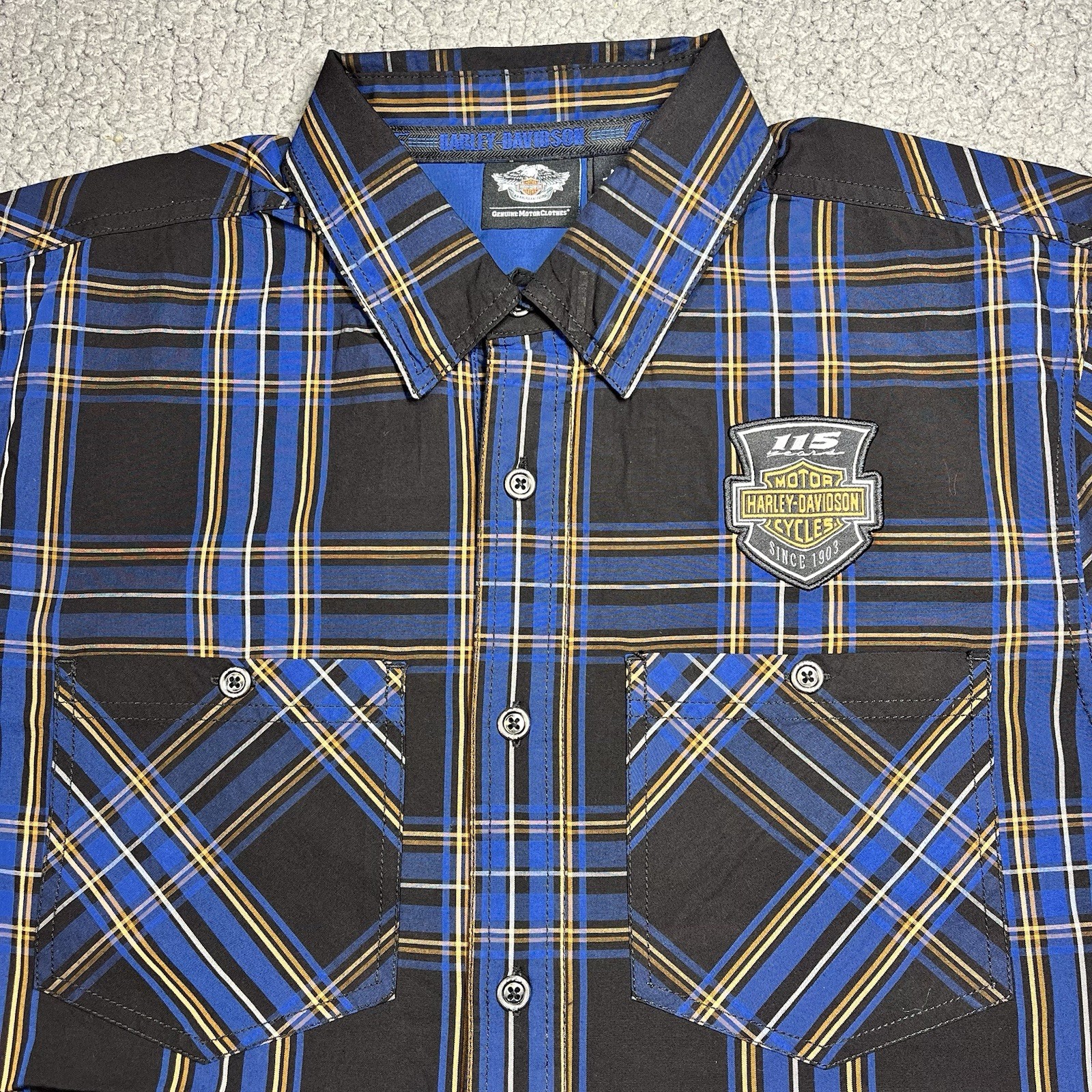 Harley-Davidson Mens Shirt Size M Blue Plaid Short Sleeve Button Down 115 Years
