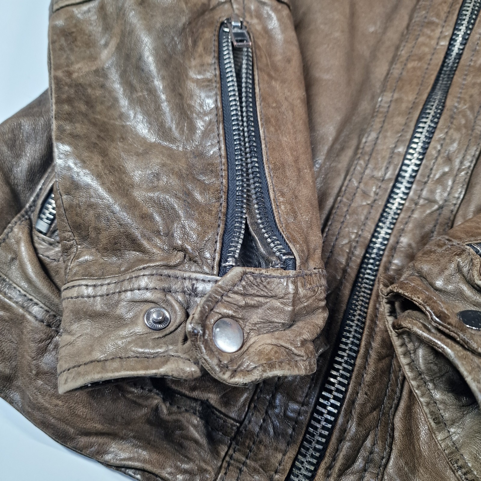 AllSaints Spitalfields Brown Distressed Leather Biker Jacket Mens Medium Pockets