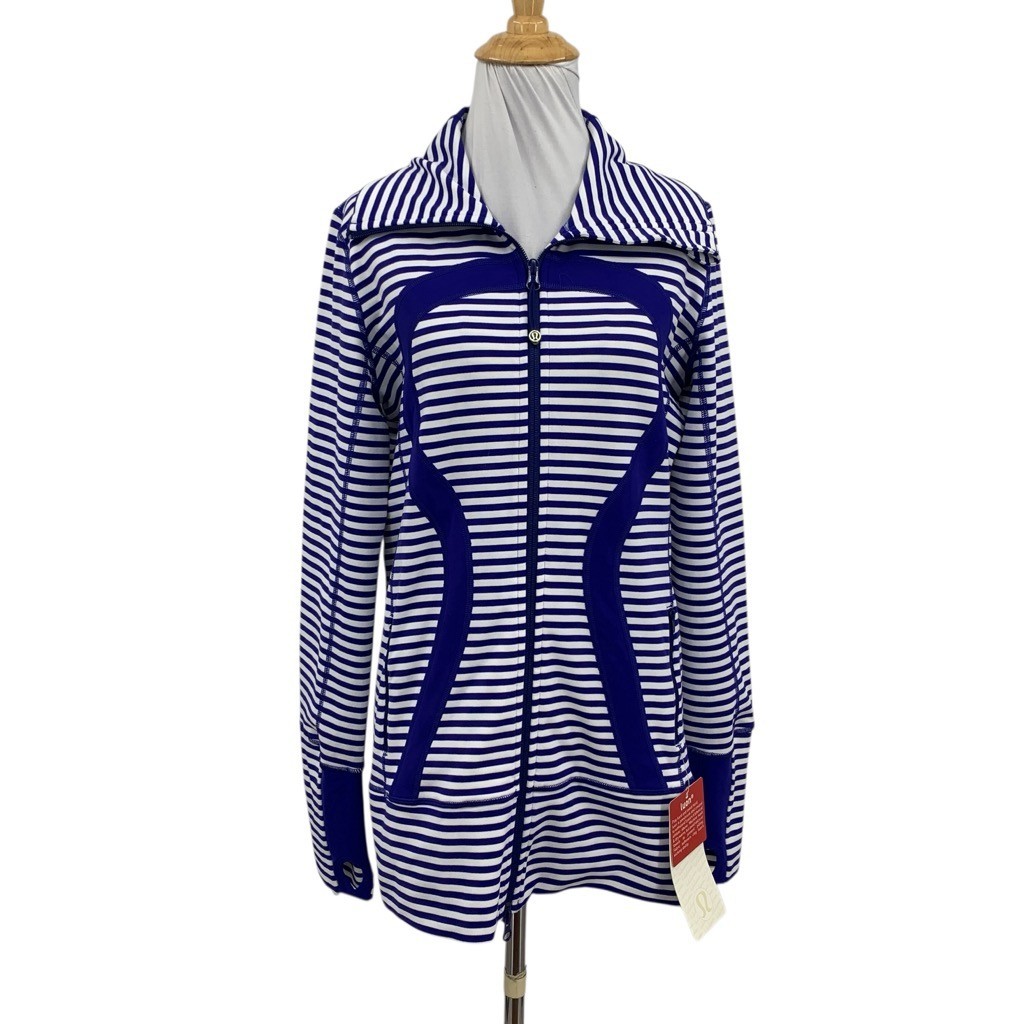 Lululemon Jacket Womens 8 Royal Blue White In Stride Striped Full Zip Thumbholes