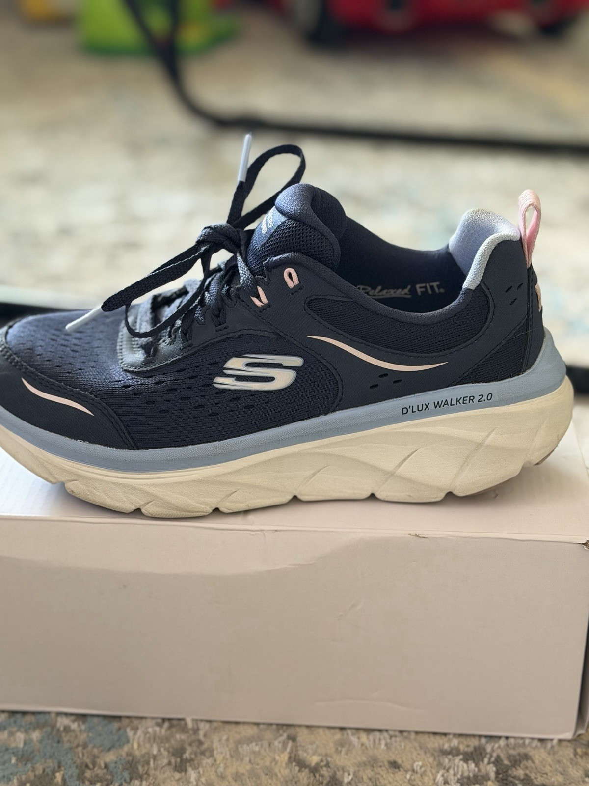 SKECHERS D’Lux Walker 2.0 Walking Sneaker Lace Up Low Top Navy/White