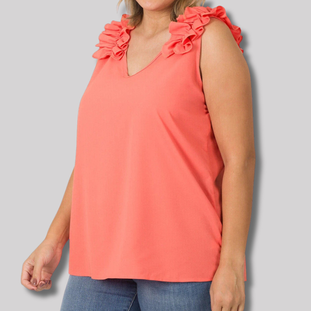 1X 2X 3X Women V Neck Ruffle Trim Woven Sleeveless Top Soft Wool Dobby Fabric