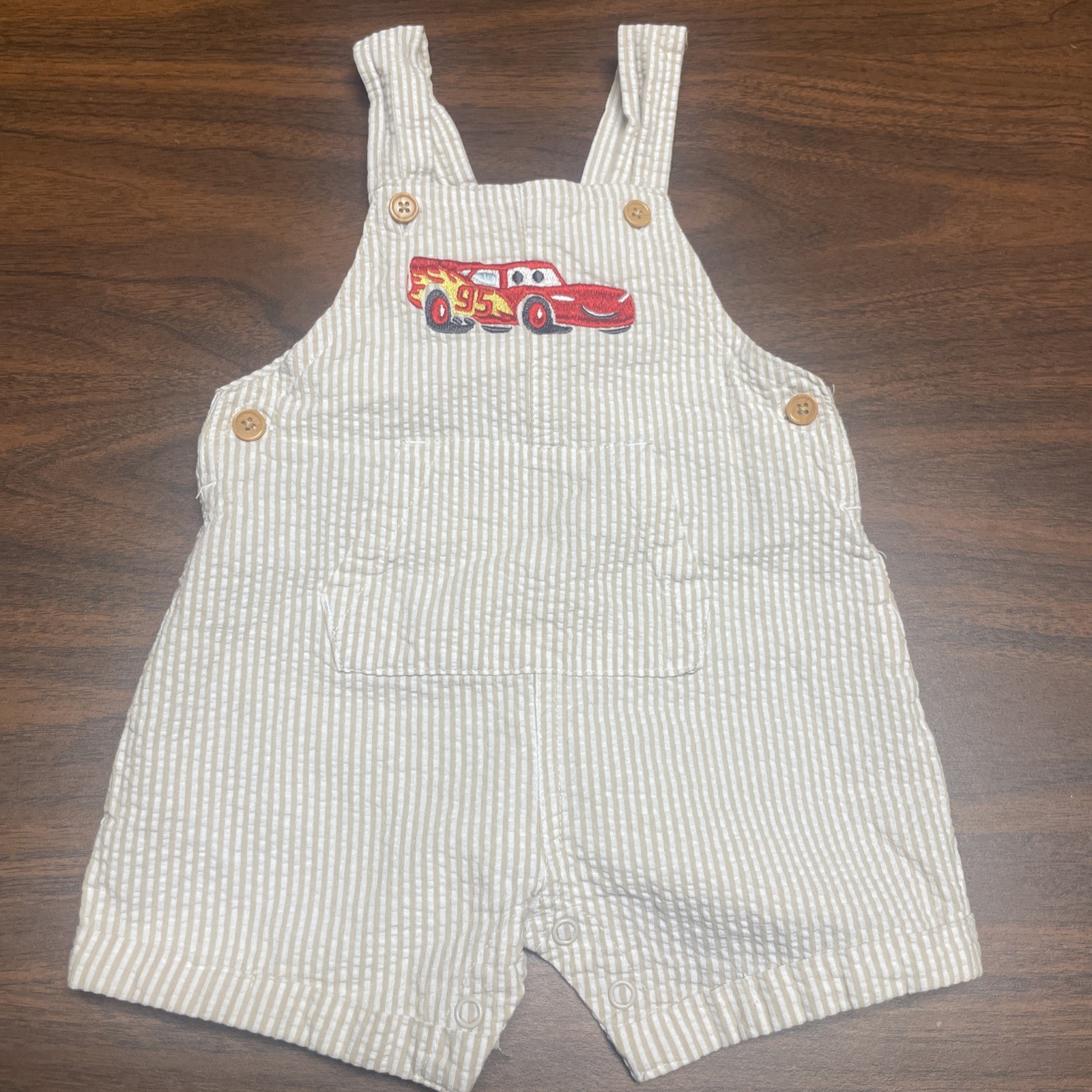 Disney Baby Overalls Boys 6/9 Months Lightning McQueen Pixar Cars Seersucker
