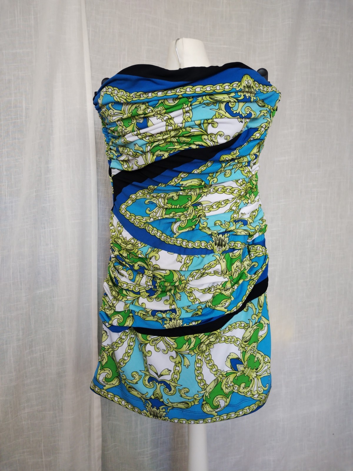L, Arden B, Blue Green​ White​ Chain Paisley Pattern Strapless Ruched Mini Dress