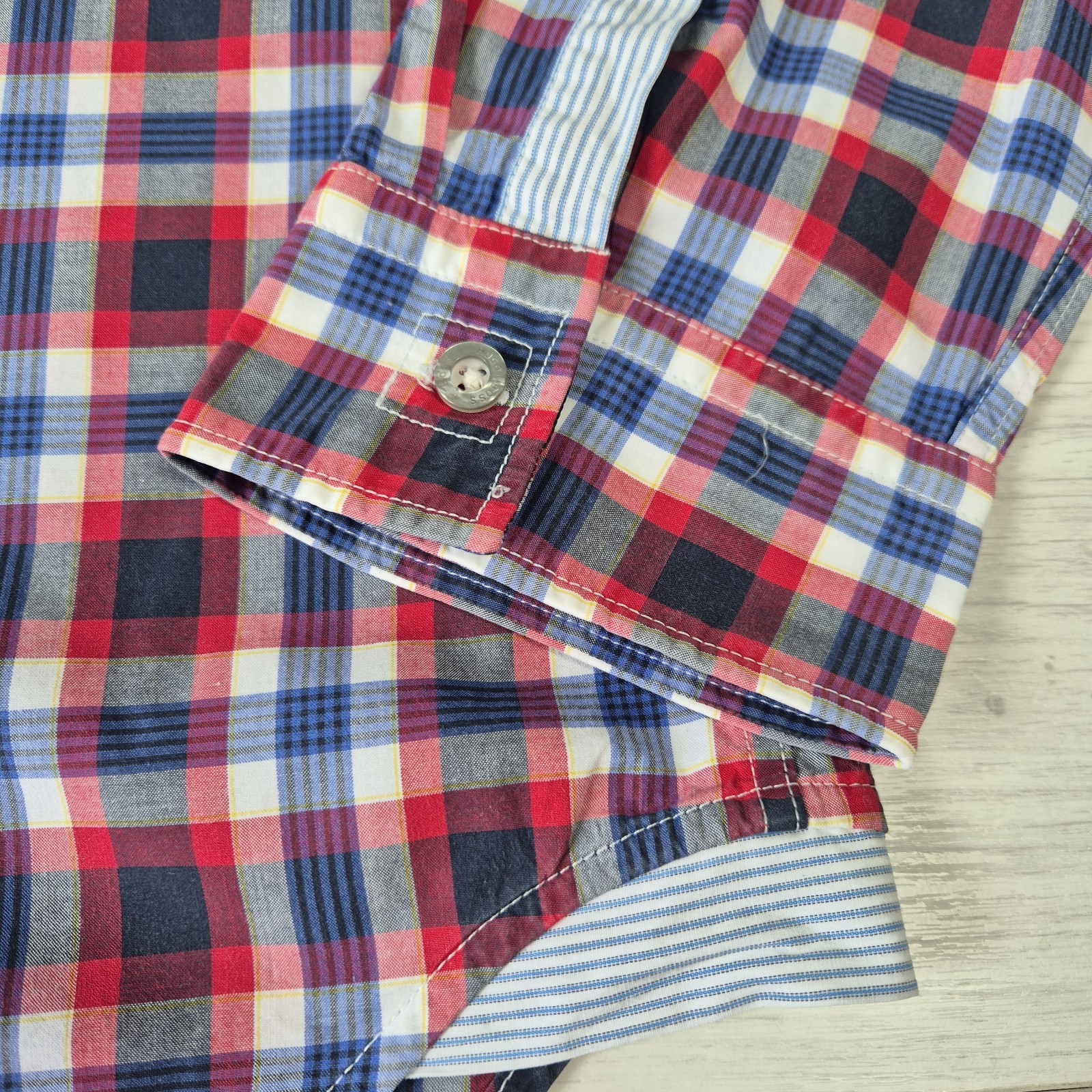 Hugo Boss Checked Button Up Long Sleeve Shirt Men’s L Blue Green White
