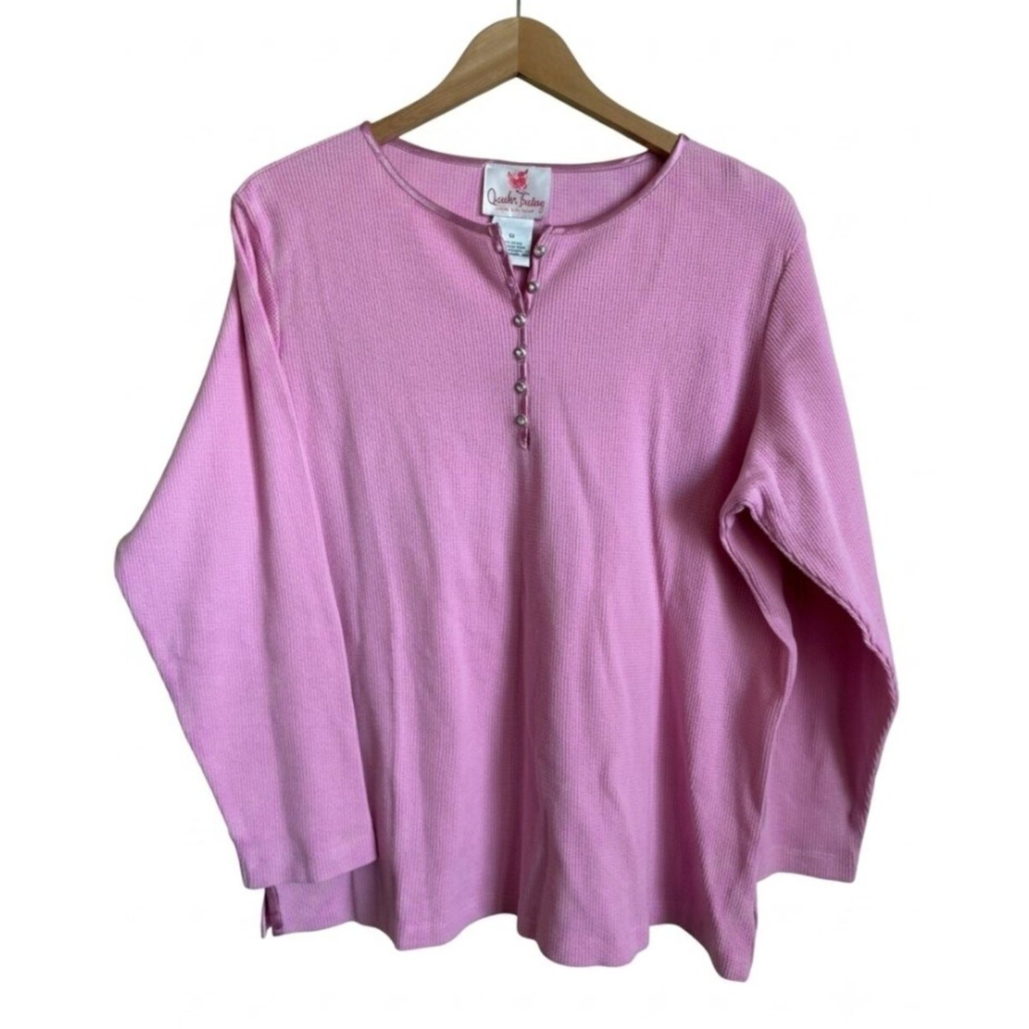 Quacker Factory Cotton Waffle Henley Top 1X Pink Rhinestone Button Plus Coquette