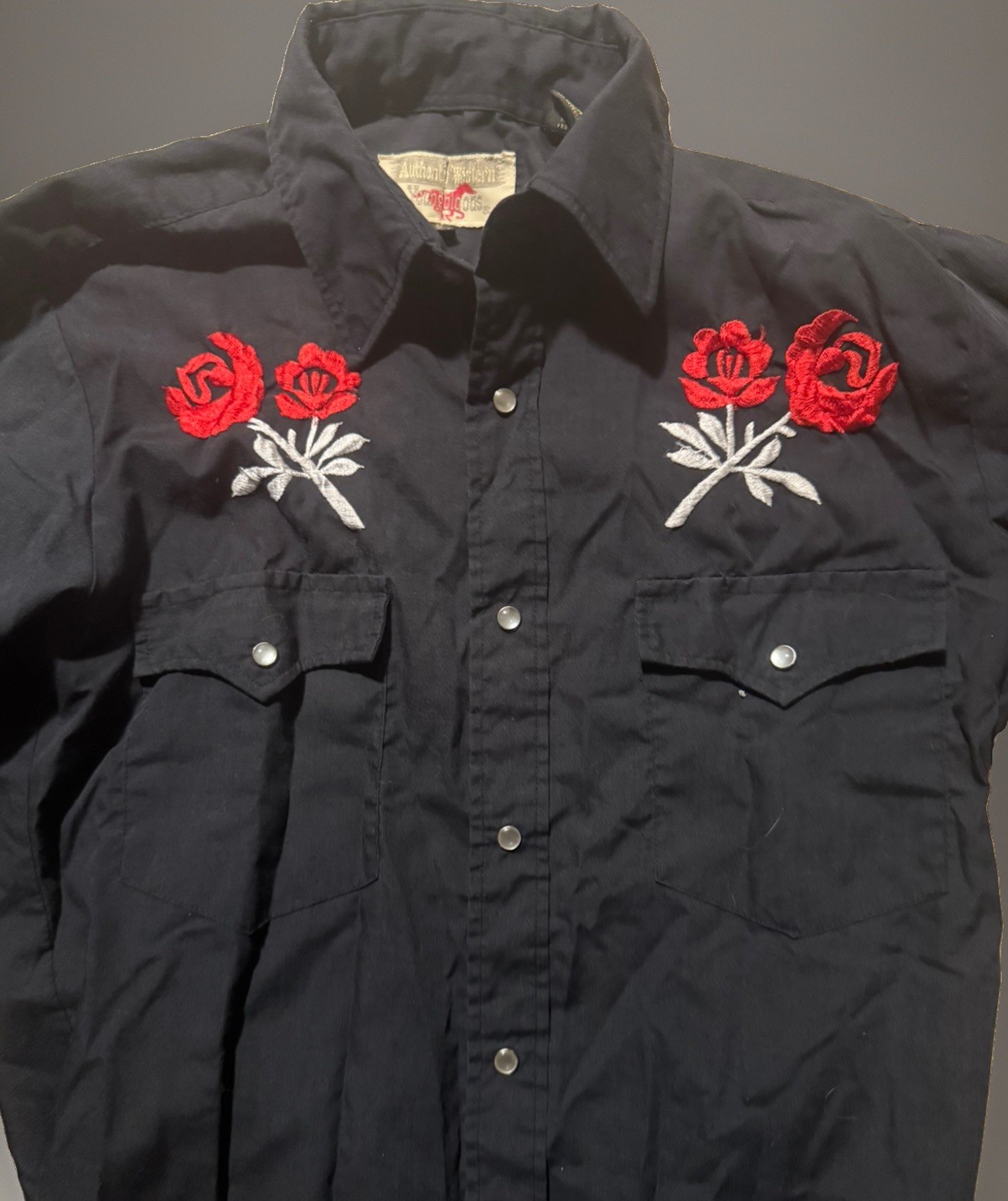 VTG authentic western Youngblood Embroidered Roses WesternShirt Black L Pearl70s