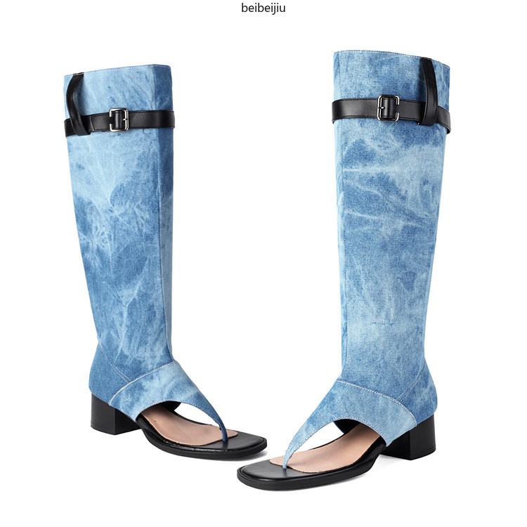 Women‘s Roman Gladiator Denim Boots Sandals Flip Flop Shoes Thongs Belt Casual