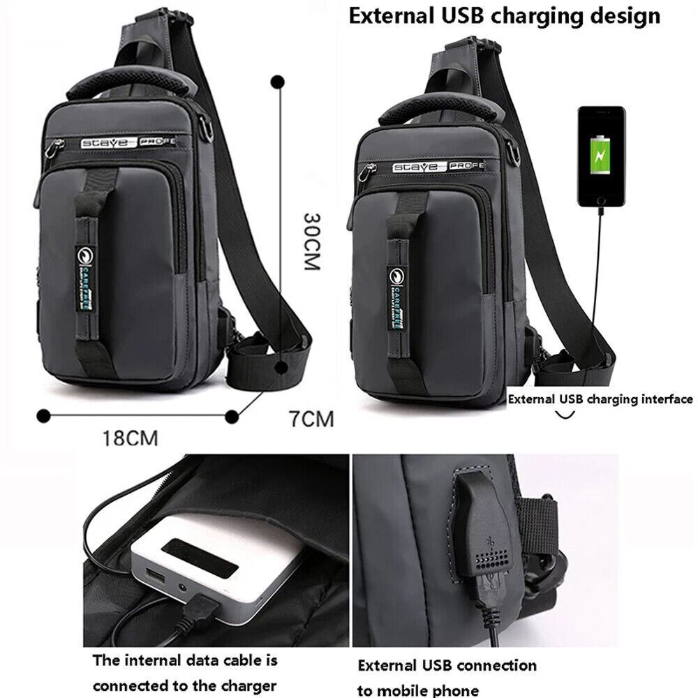 Anti-Theft Men’s Sling Crossbody Bag Chest Shoulder Messenger Backpack USB Port
