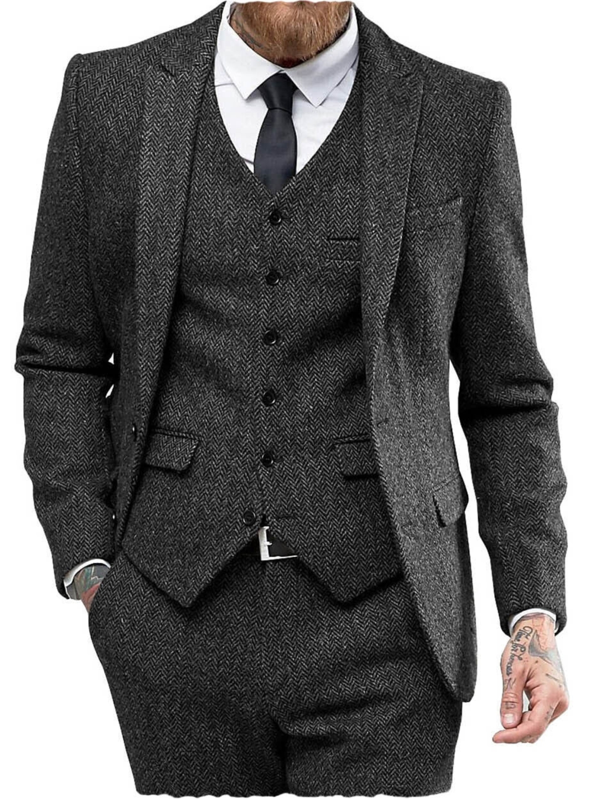 Mens 3Pcs Tweed Herringbone Suit Retro Vintage British Suit Blazer+vest+Pant