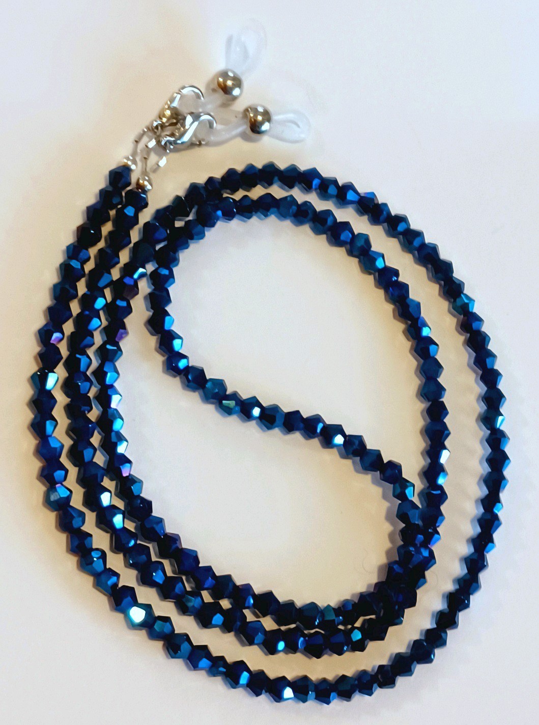 EYEGLASS CHAIN 27″ METALLIC BLUE Beaded Strap Reading Glasses iCandy w/ CLIPS