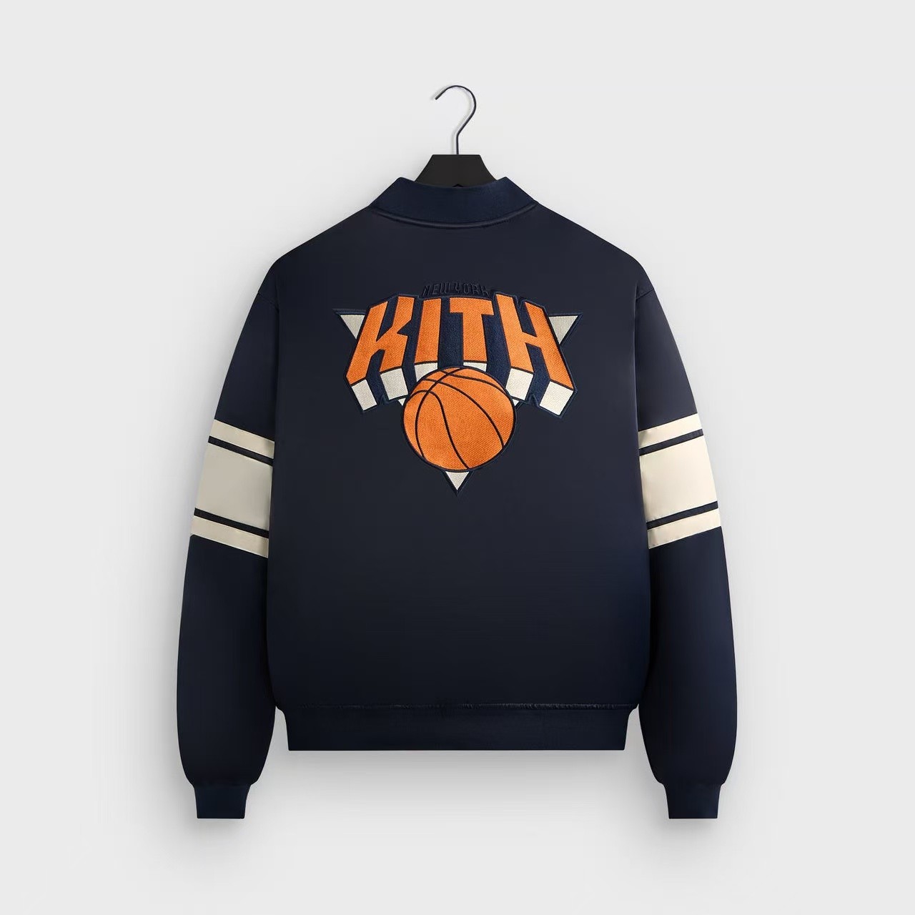 KITH x NY Knicks Satin Varsity Jacket Navy Orange