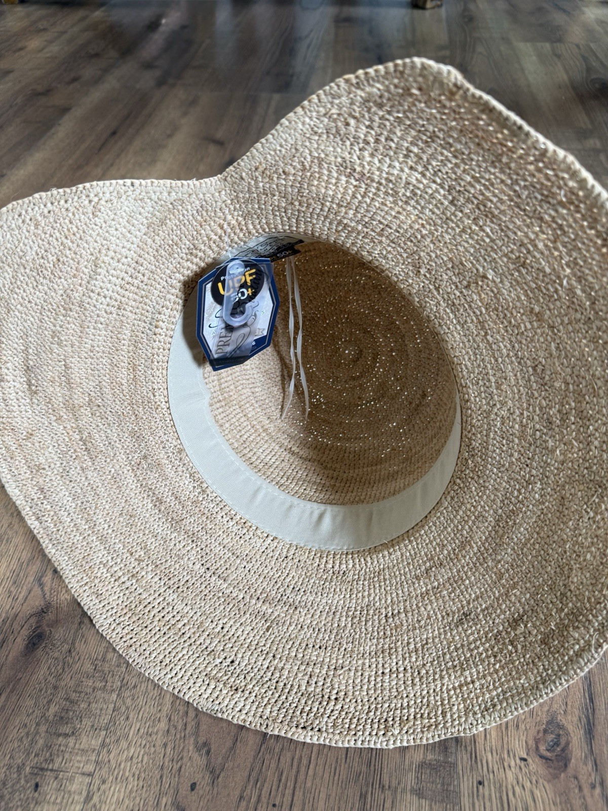 Sun ‘n’ sand Beige Straw Sun Hat Wide Brim UPF 50+ Bow Shell Accent