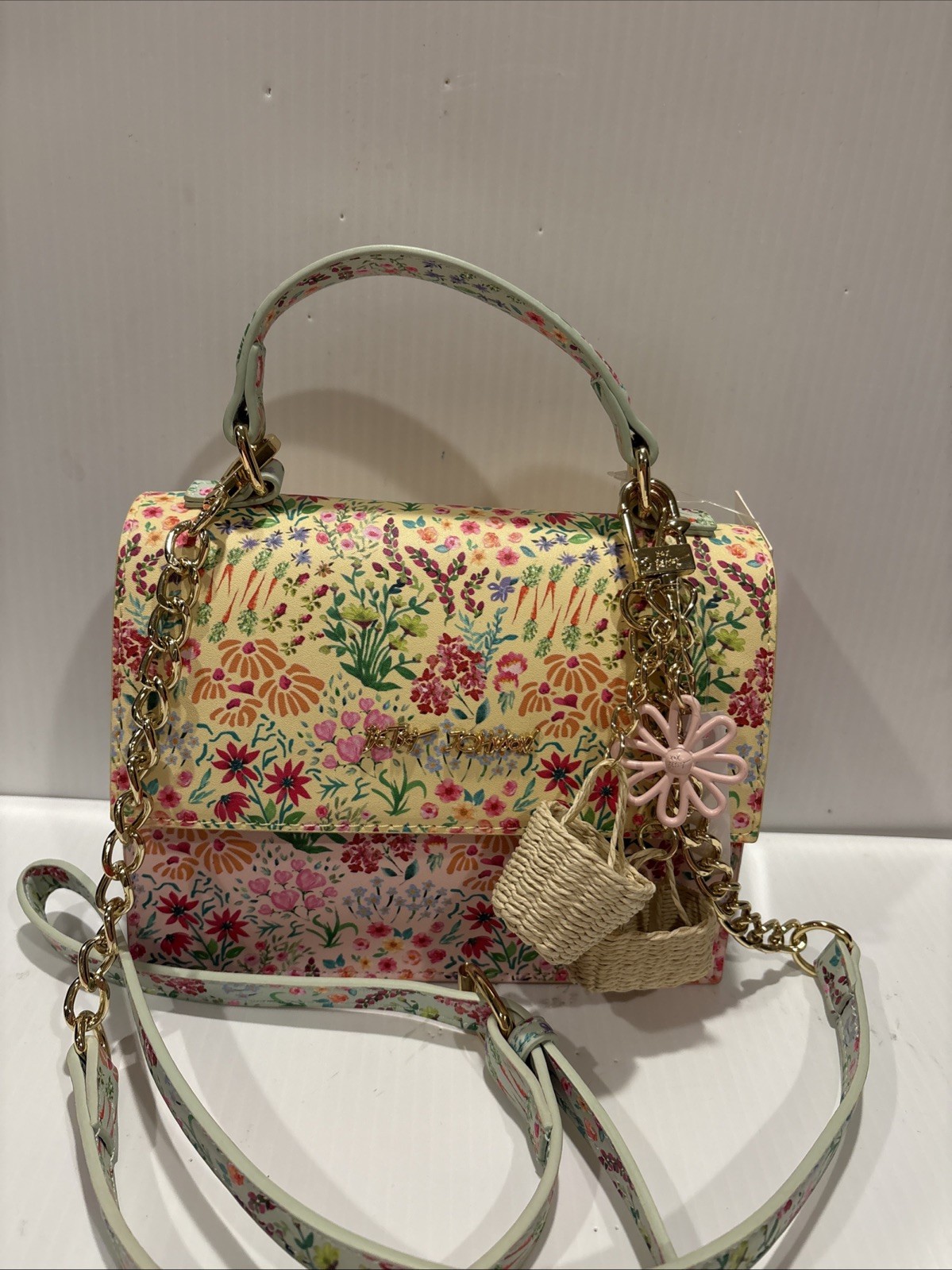 Betsey Johnson Spring Floral Yellow Bag Purse Crossbody Top Handle Basket charm