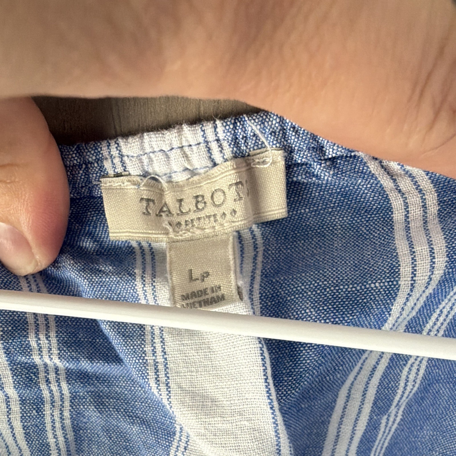 Talbots Petites LP Blue/White Striped V-Neck 3/4 Puff Sleeve Ruffle Blouse