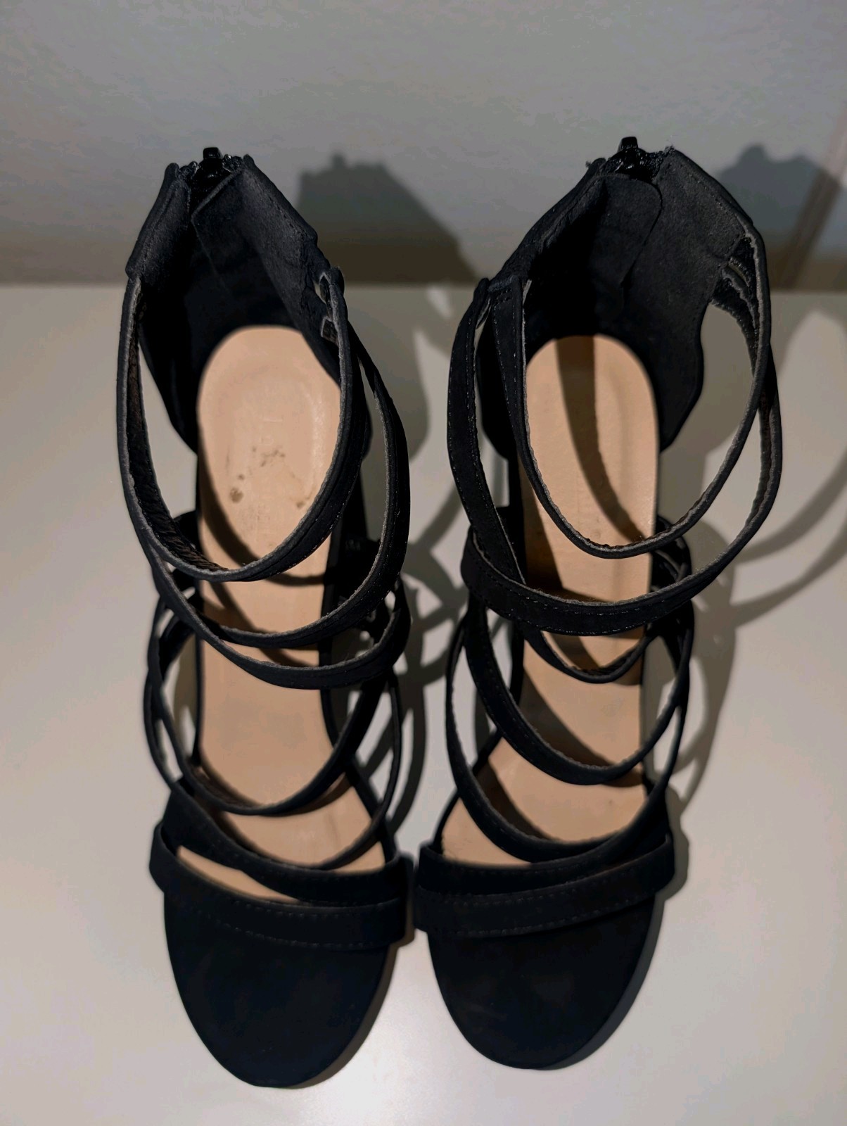 Women’s Black Strappy Open Toe Block Heel Ankle Strap Zip Faux Leather 8.5