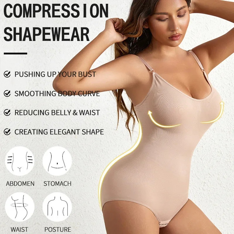 1 Piece Solid Seamless Brief Shaping Shapewear Bodysuit, Tummy Control Butt