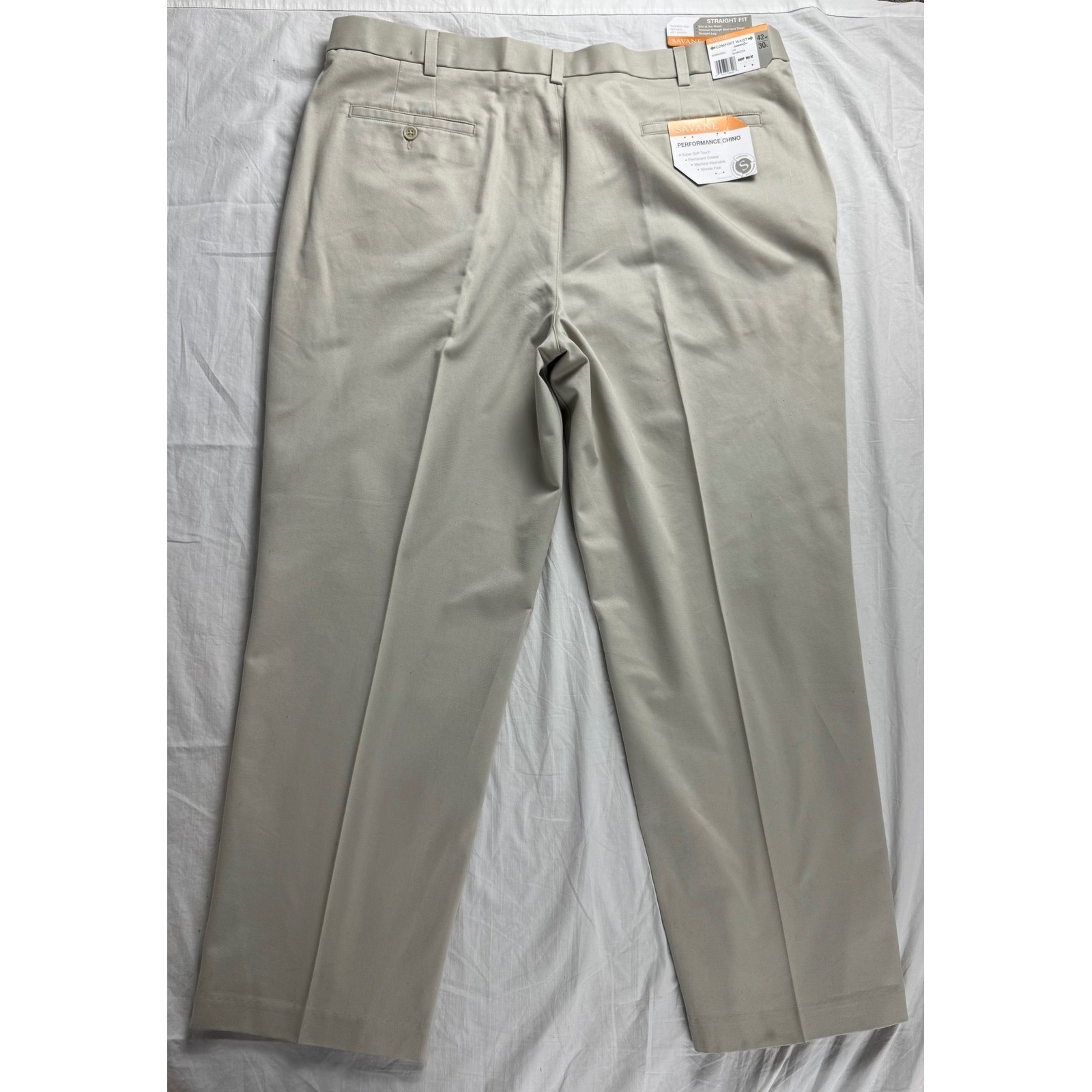 Savane Performance Chino Pants Mens 42Wx30L Alabaster Comfort Waist Straight Fit