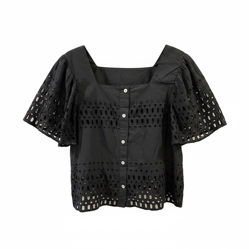 Calypso St. Barth Black Eyelet Lace Puff Sleeve Blouse- Size M – Summer Cotton