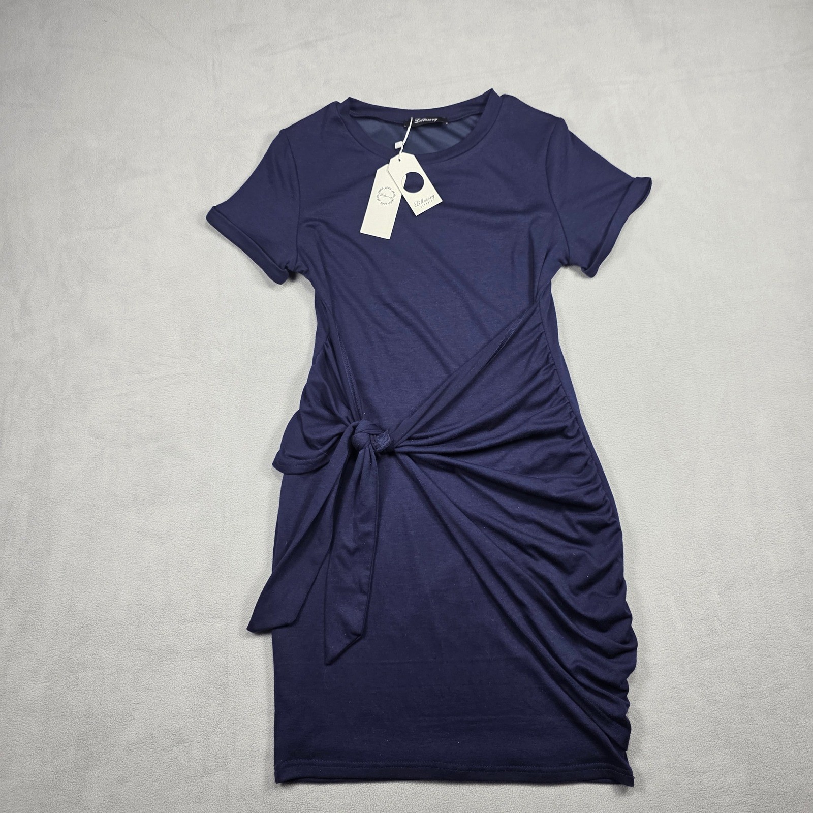 Lillusory Dress Women Small Navy Blue Tie Front Ruched Solid Wash