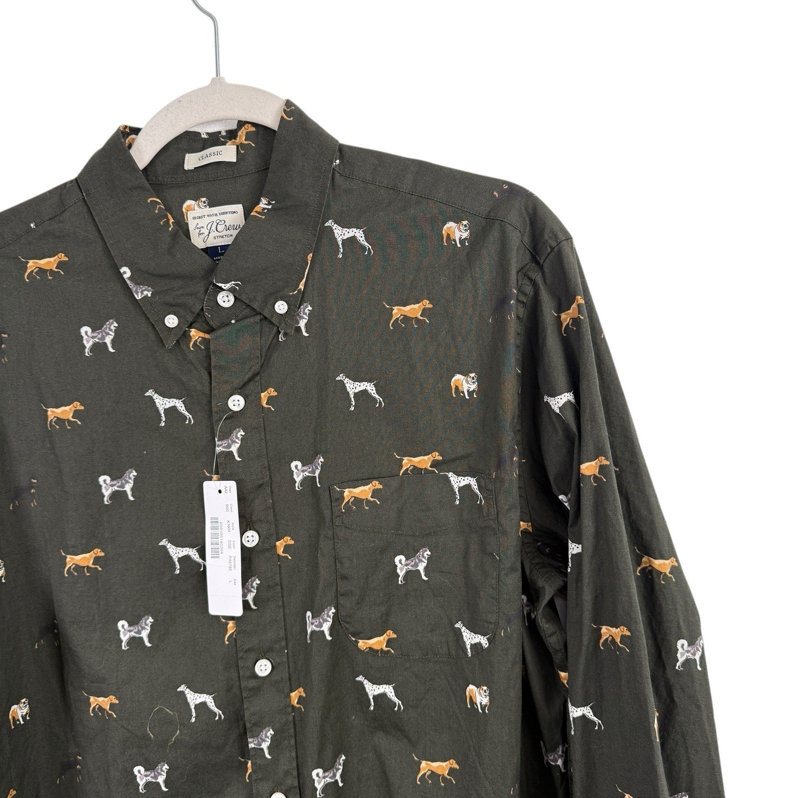 J Crew Classic Fit Green Long Sleeve Button Down Shirt All Over Dog Print Men Lg