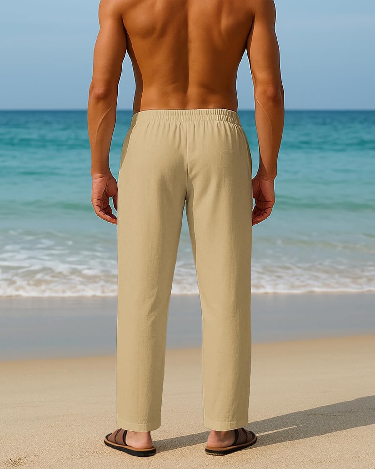 Mens Linen Casual Pants Loose Fit Drawstring Waist Lightweight Summer Beach Yoga