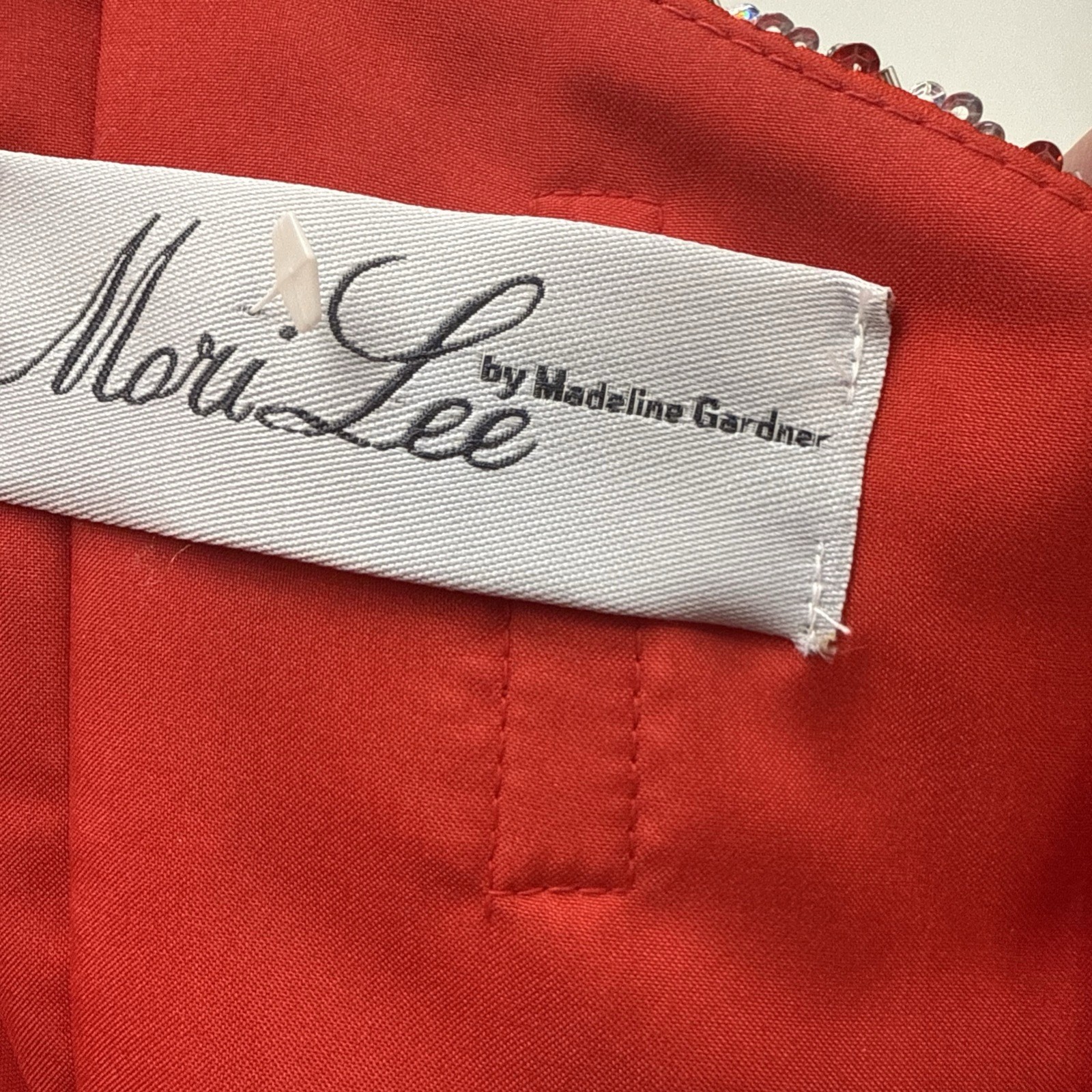 Mori Lee Formal Gown Maxi Dress Sz 13/14 Red White Polka Dot Beaded Sides LaceUp