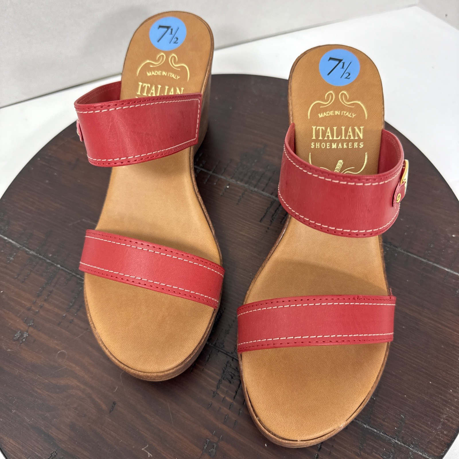 Italian Shoemakers Red Mallory Wedge Heal Sandal Size 7.5 All Man Made In Italy