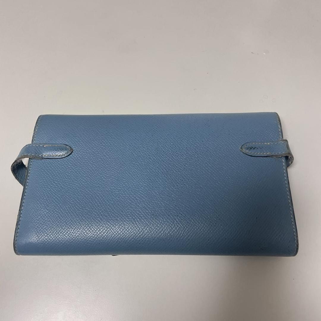 HERMES Paris Kelly Long Wallet Blue Jean Silver Folding Turn Lock Authentic