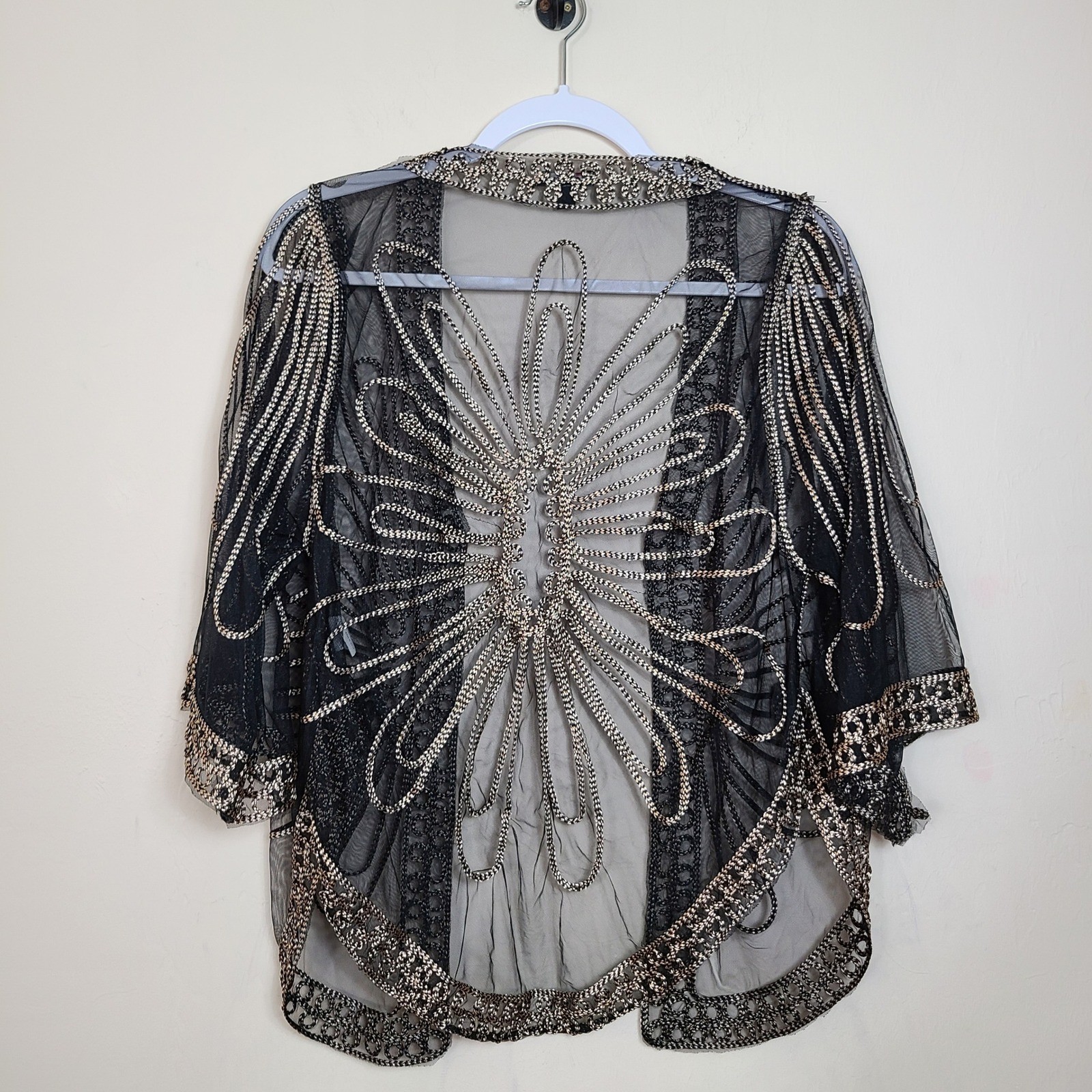 Black Gold Embroidered Sheer Womens S/M Shrug Art Deco Mesh Gatsby 1920s Boho