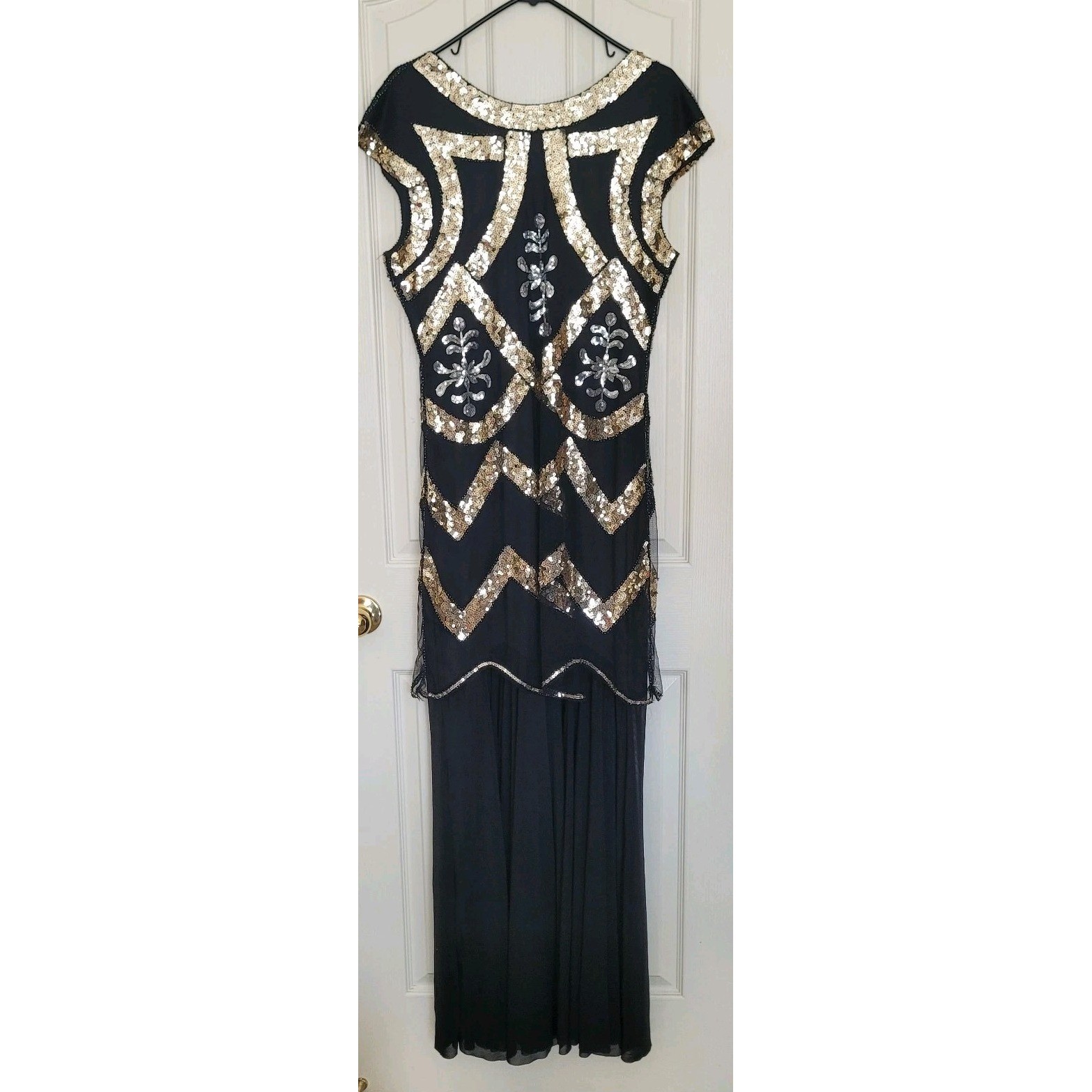 XXL Black Gold Mesh Gown Long Formal Dress Sequin Beaded Geometric Gatsby