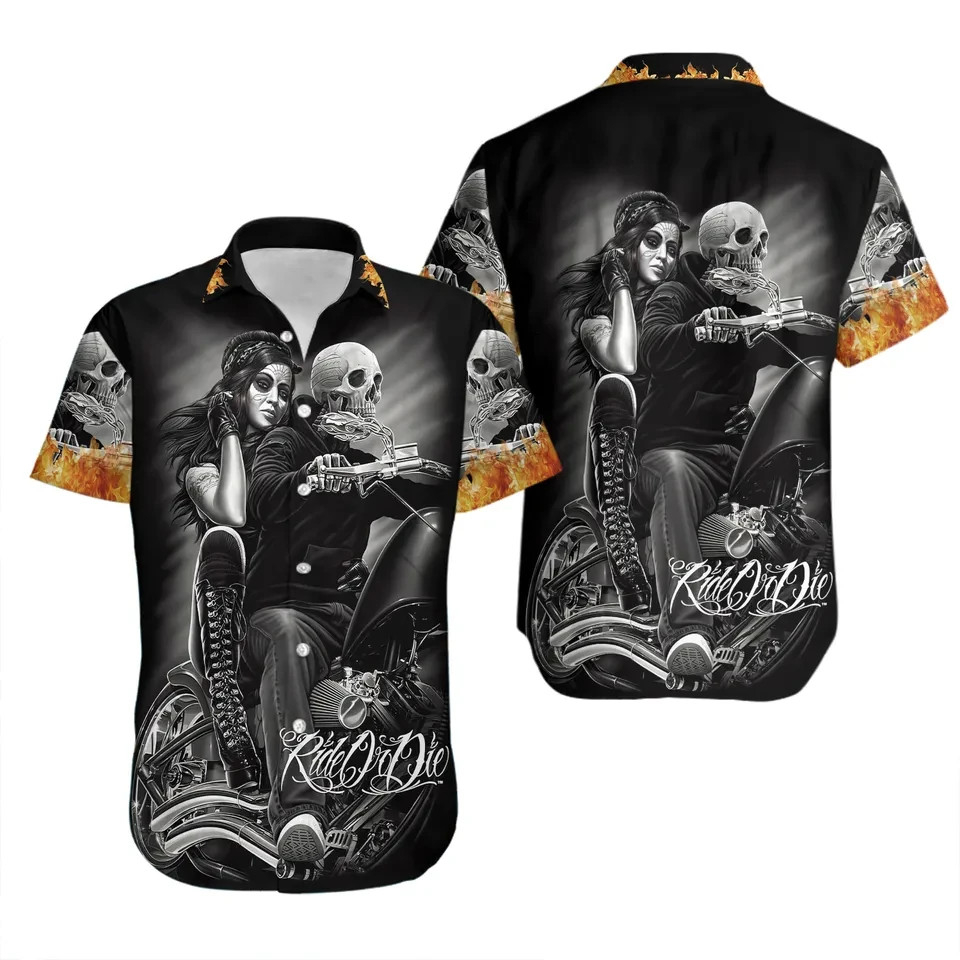 Ride Or Die Skull Motorcycle Biker Hawaiian Shirt Men Gothic Rider Button
