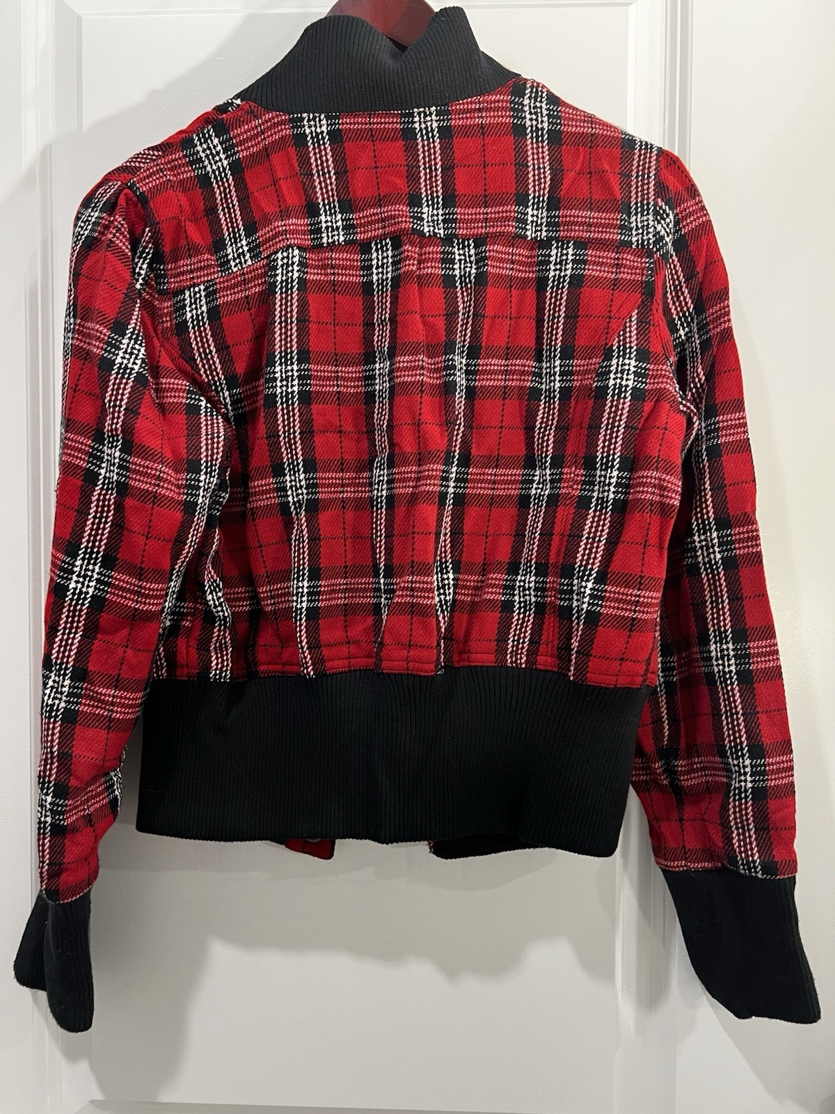 Vintage Red Black Plaid Bomber Jacket Snap Front Ribbed Trim Retro Punk L