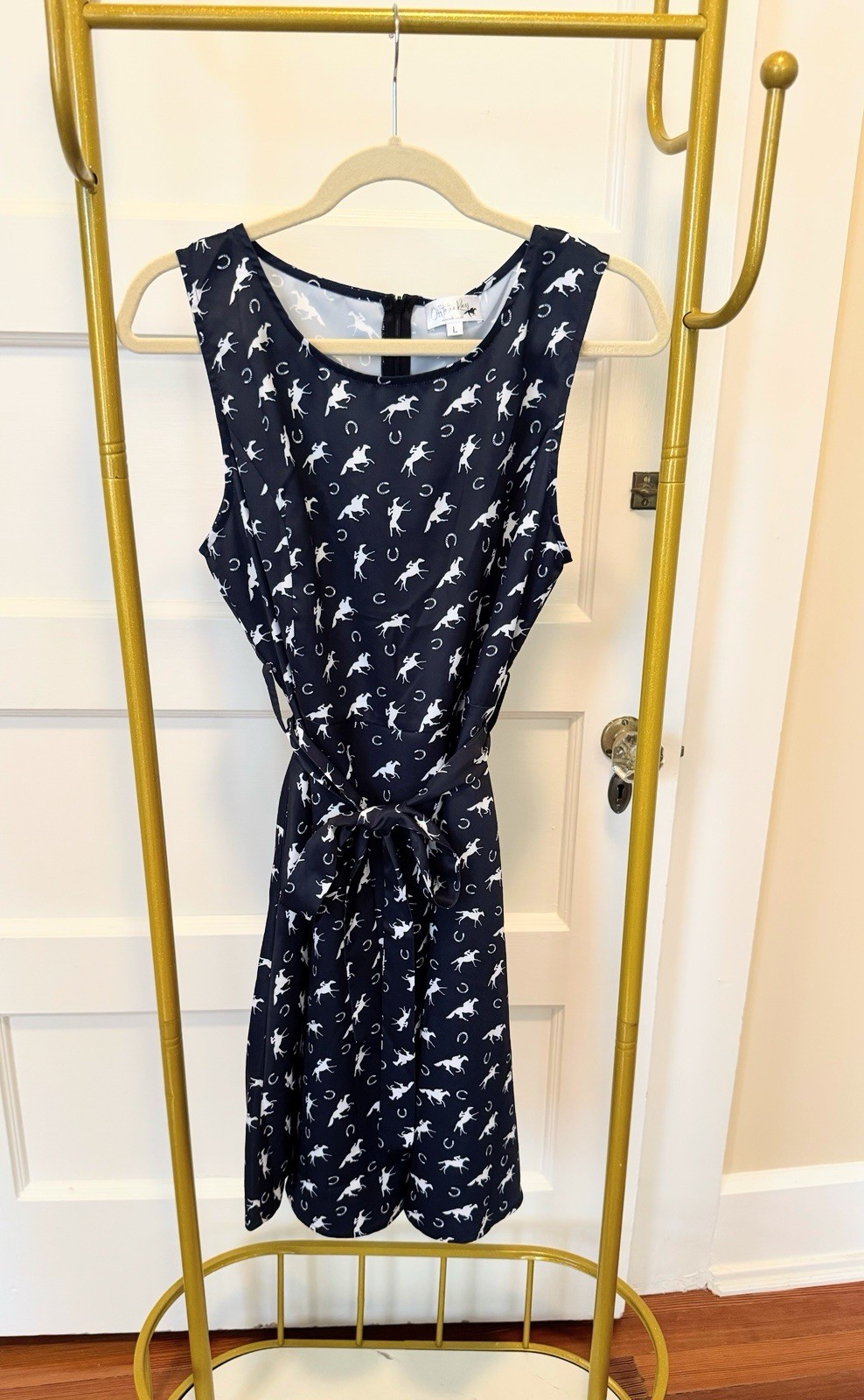 Off to the Races by Miss Scarlett Navy/White Horse Fit & Flare Pocket Dress L