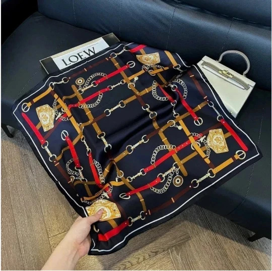 Navy Equestrian Belt & Chain Print Silk Feel Square Scarf 27.5×27.5″ FREE SHIPPI