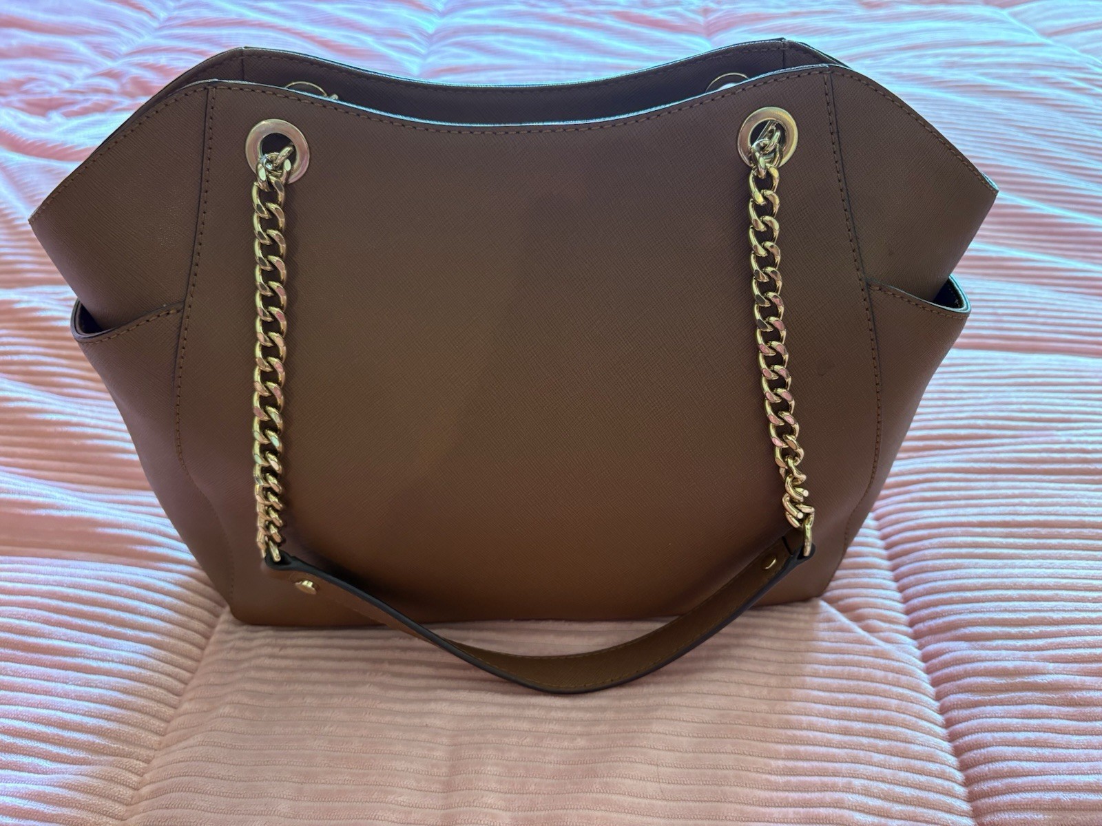 Michael Kors Brown Large Handbag Zip Closure Chain Shoulder Straps Gold Hardware