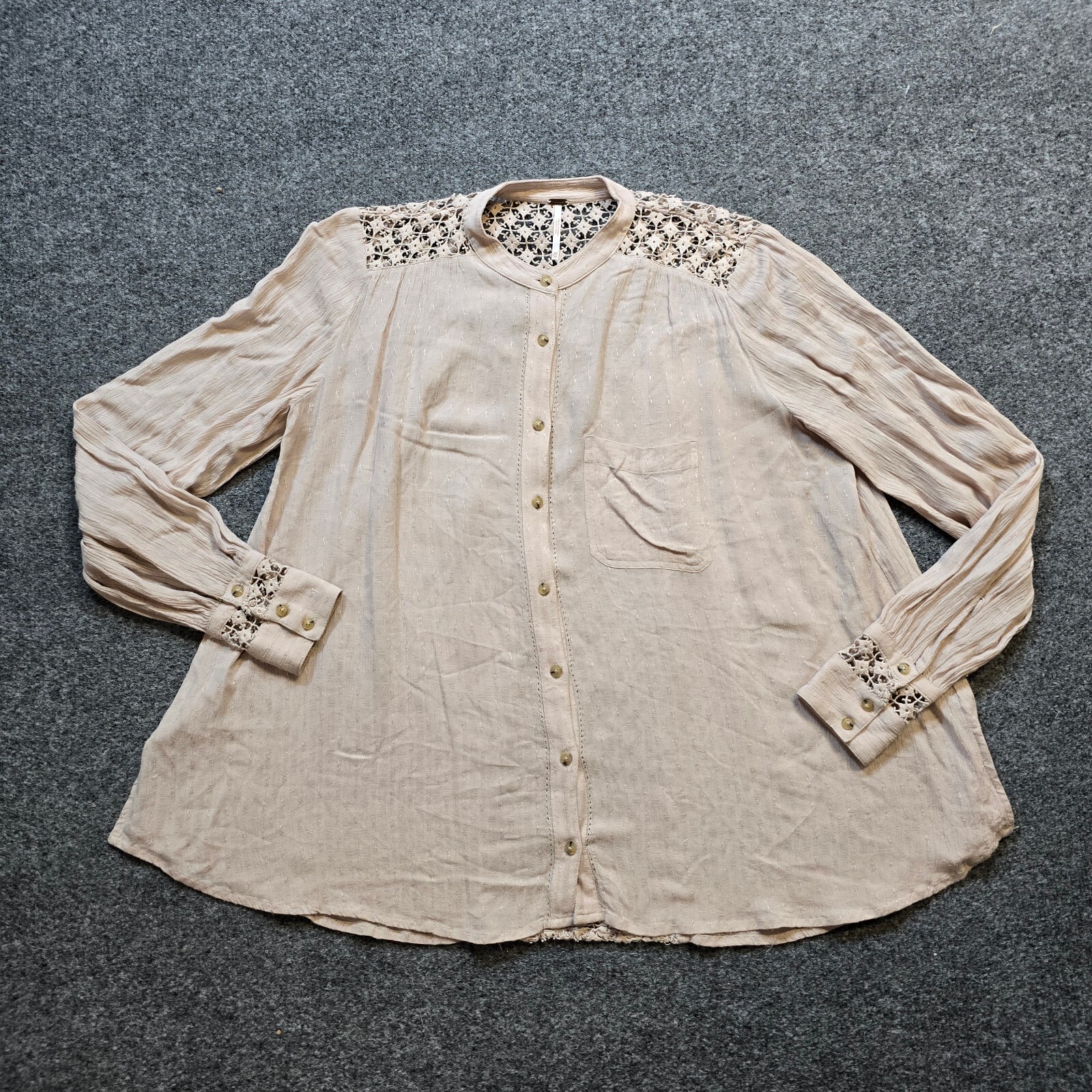 Free People Top Womens XS Beige Crochet Lace Button Up Oversized Casual Boho