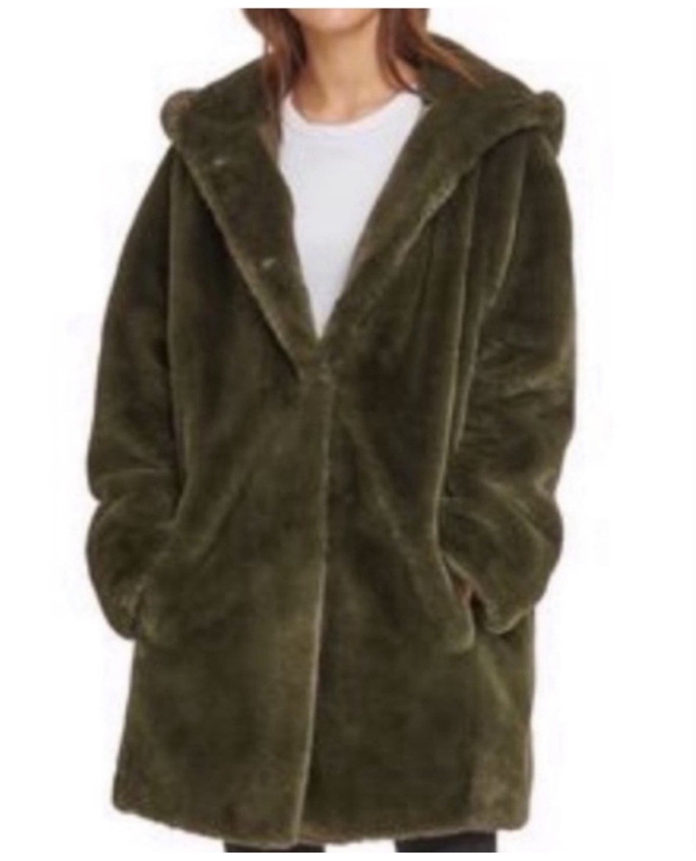 DKNY Olive Green Faux Fur Hooded Shawl Collar Coat