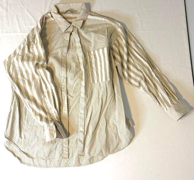 LOFT Women’s Striped Button Down Shirt Size Large Tan White #0004
