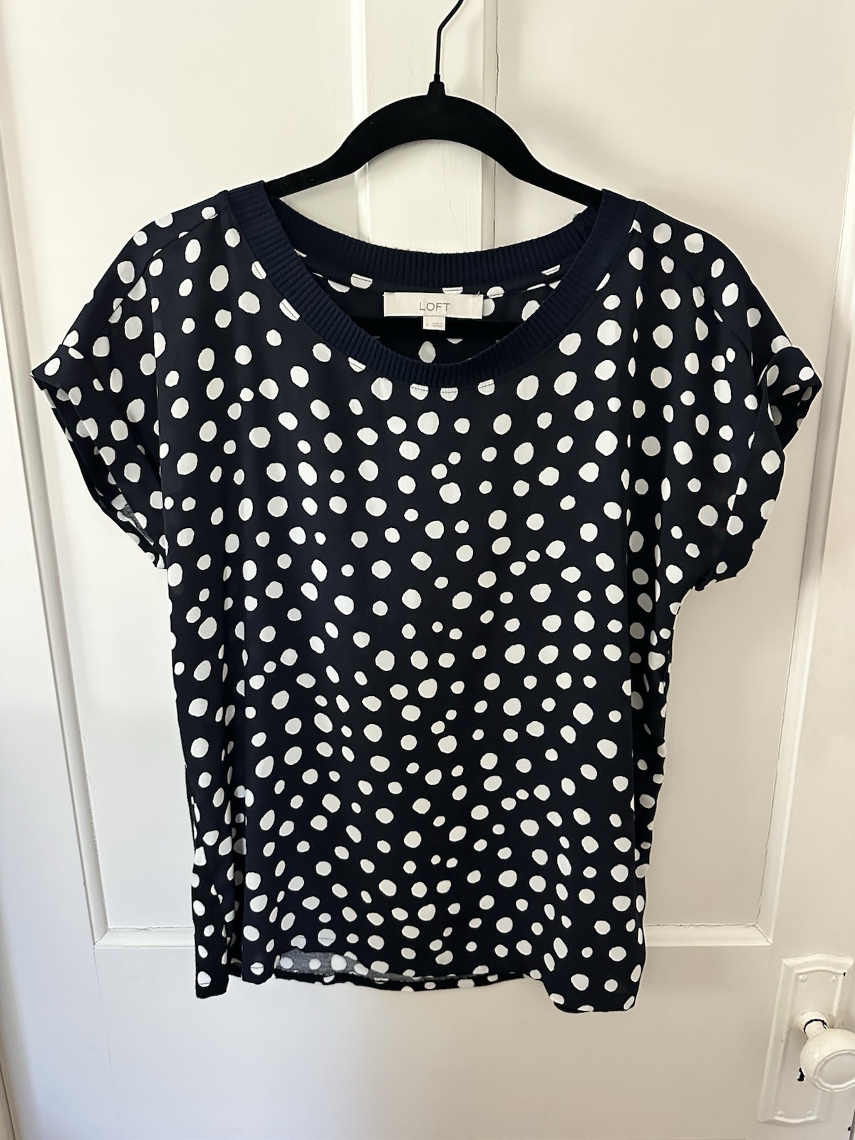 LOFT blouse Small Navy Short Sleeve White Polka Dot Blouse