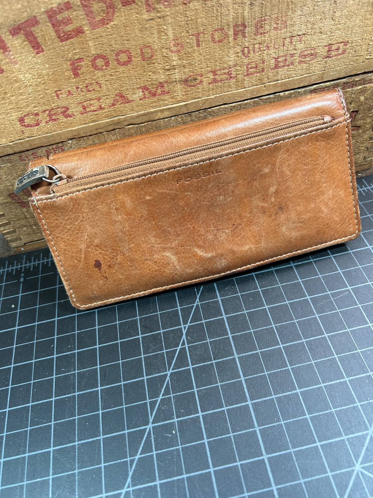 Fossil Genuine Leather Women Long Bifold Wallet Tan Brown Snap Zip Many Card
