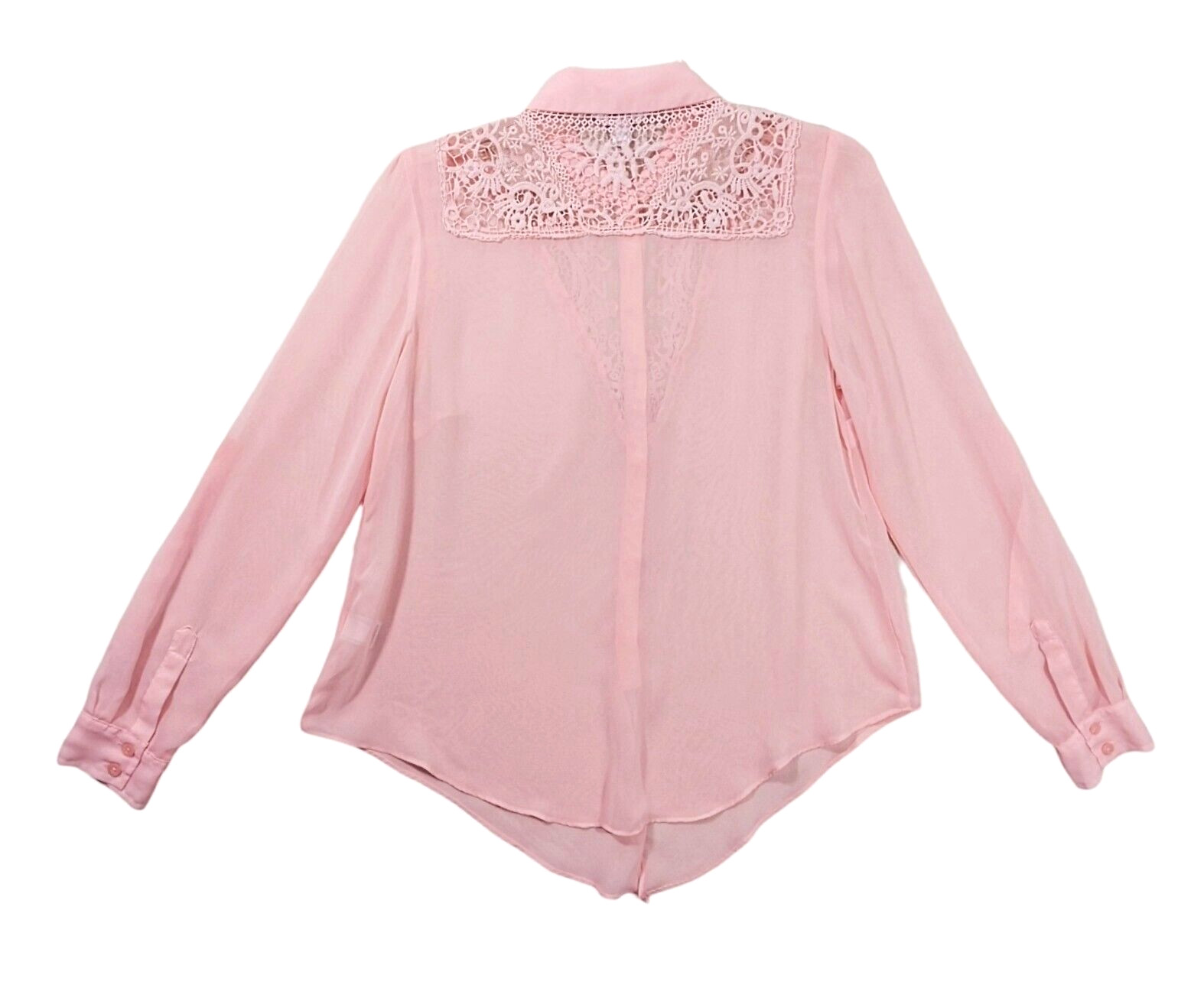 Candies Shirt Button Up Roll Tab Sleeve Lace Sheer Pink Womens M