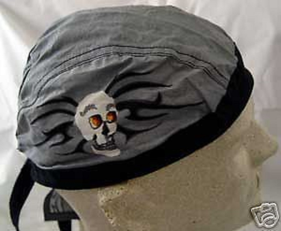 GREY BLACK Skull BIKER Skull Cap FITTED BANDANA w/TIES DOO DO DU RAG Head Wrap