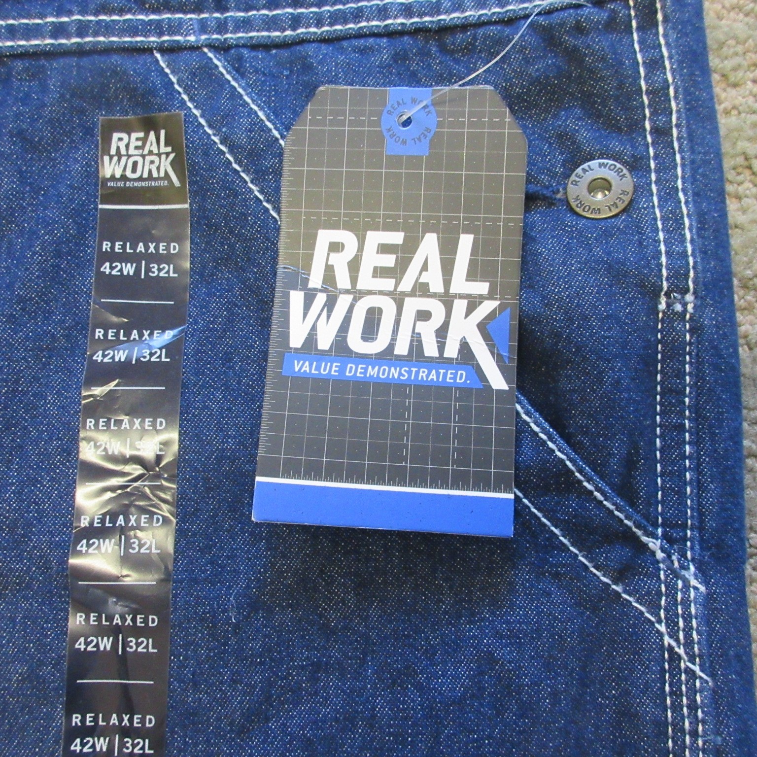 Real Work Men’s Denim Bib Overalls Carpenter Zip Fly Size 42×32 Relaxed Fit NWT