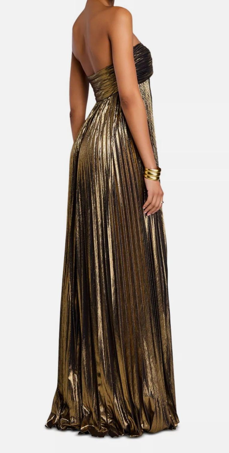 Retrofete Women’s Gold Zoa Strapless Metallic Gown Dress Size L