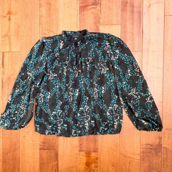 Tamara H. Floral Blouse Ruffle Neck Long Sleeve, Women L Black Teal