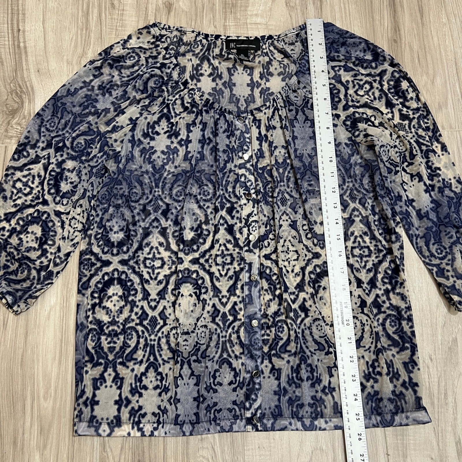 INC International Concepts Mesh Blouse XL Blue Gray Damask Paisley 3/4 Sleeve