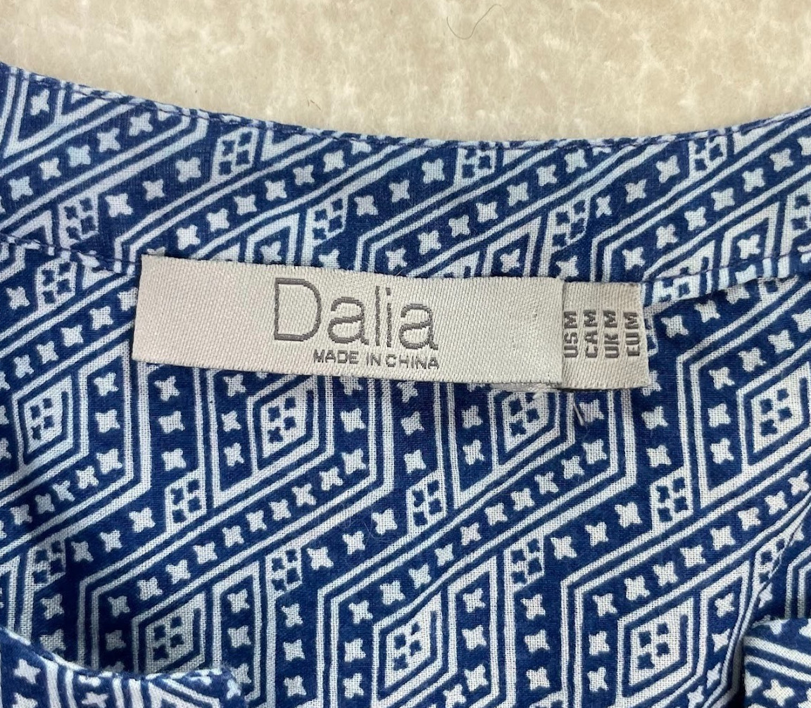 Dalia Blue & White Print Boho Cotton Tunic Top Blouse Size Medium