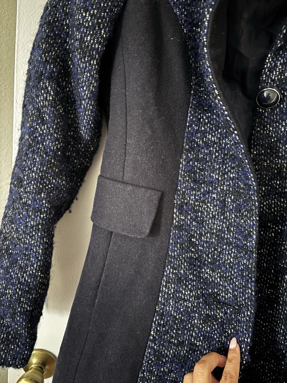 Kensie Women’s Blue/Black Pea Coat S Regular Mid-Length Button Front Lined