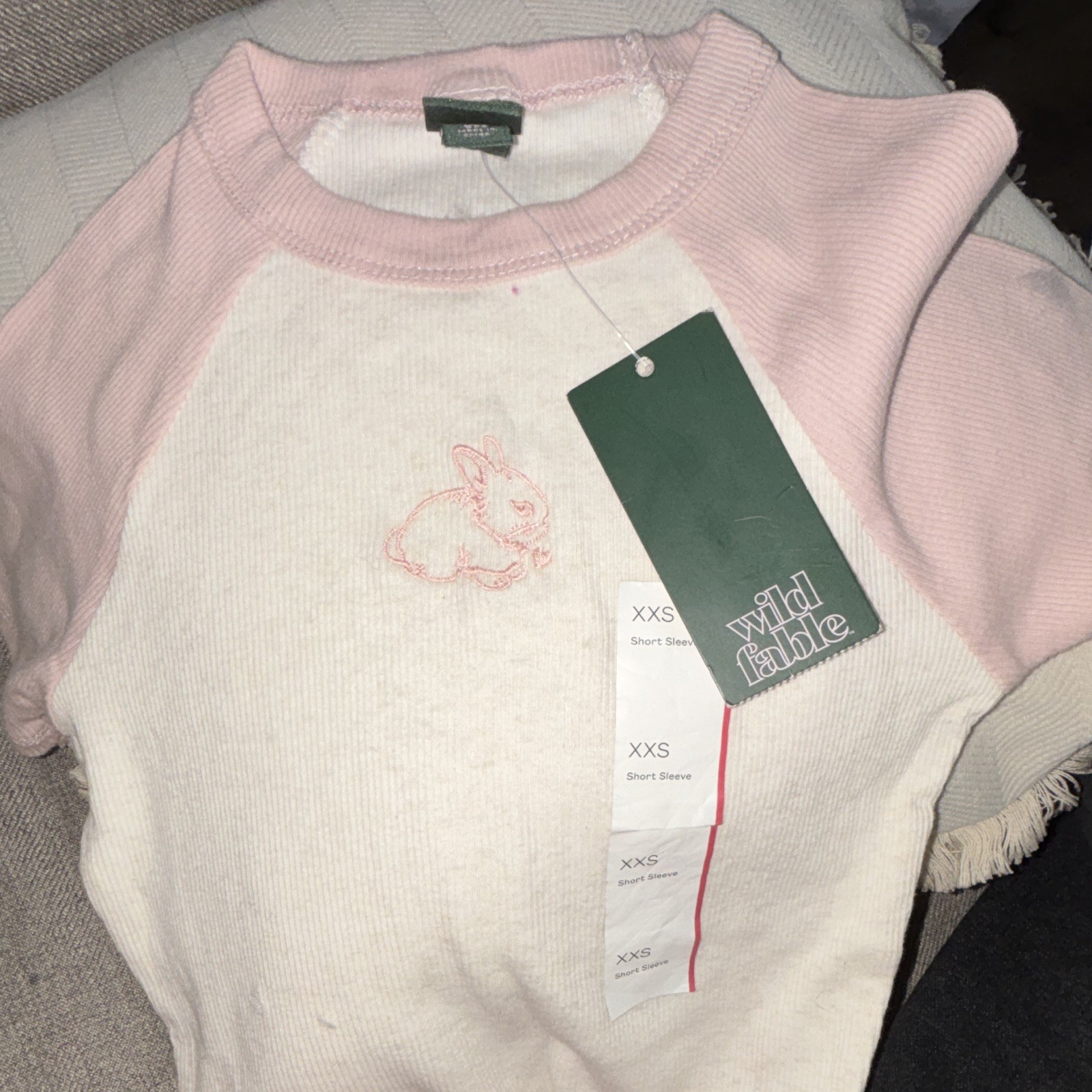 Wild Fable Pink White Solid Ribbed Knit Crew Neck Raglan Sleeve Tee Women’s XXS