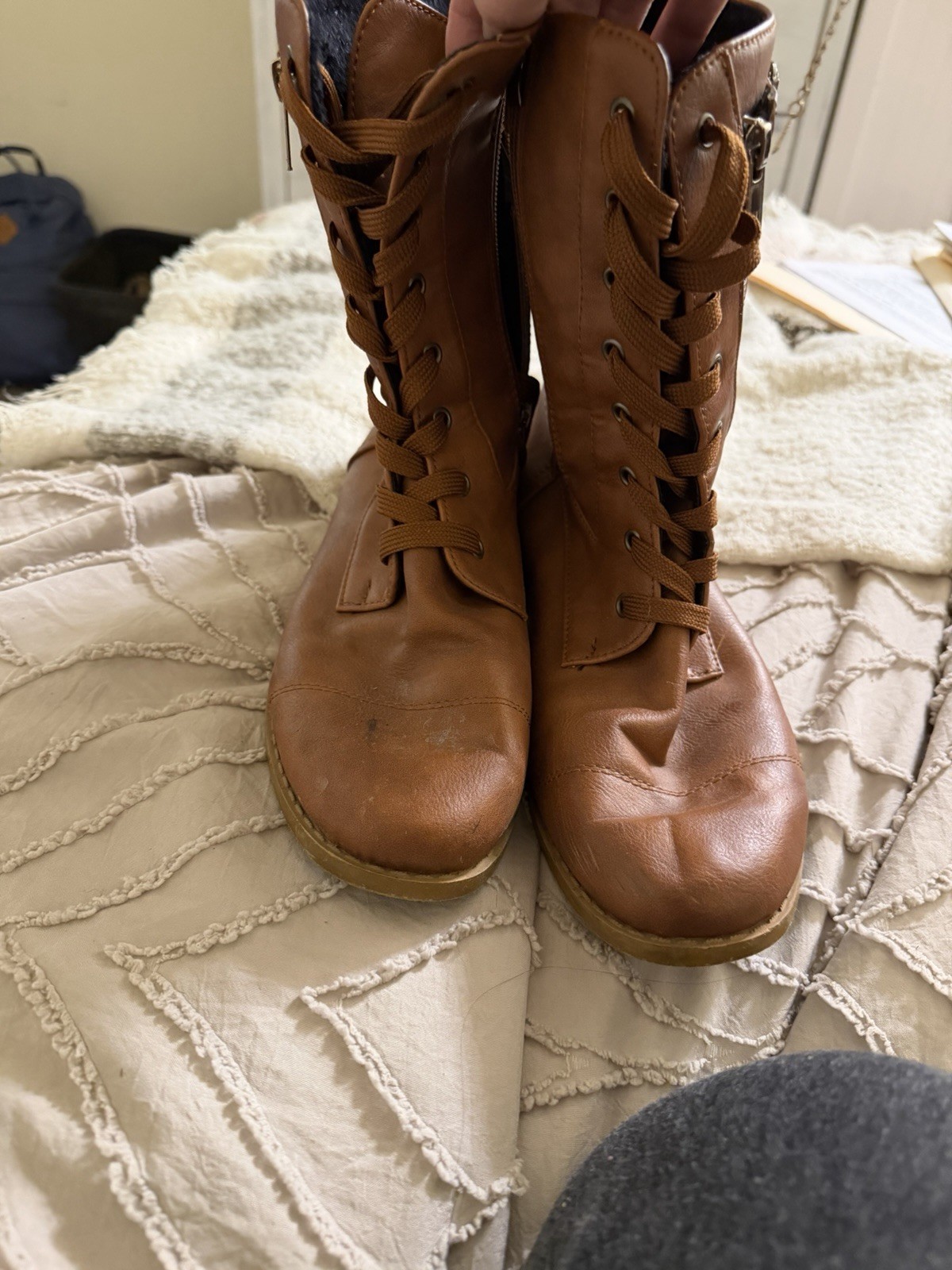Women’s Brown Solid Mid-Calf Combat Boots Lace-Up Side Zipper Buckle Round Toe